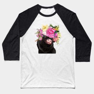 Flower Crown Baby Black Pig Baseball T-Shirt